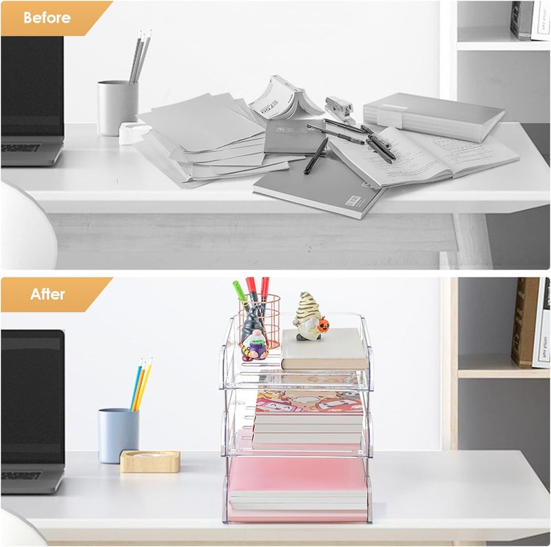 Noger Desk Organizer and Storage,3-Tier File Paper Tray Organizers,Stackable Clear Desktop Organizer for Documents,Book Magazine Storage,Office Supplies (Clear,3 Pack) - Image 2